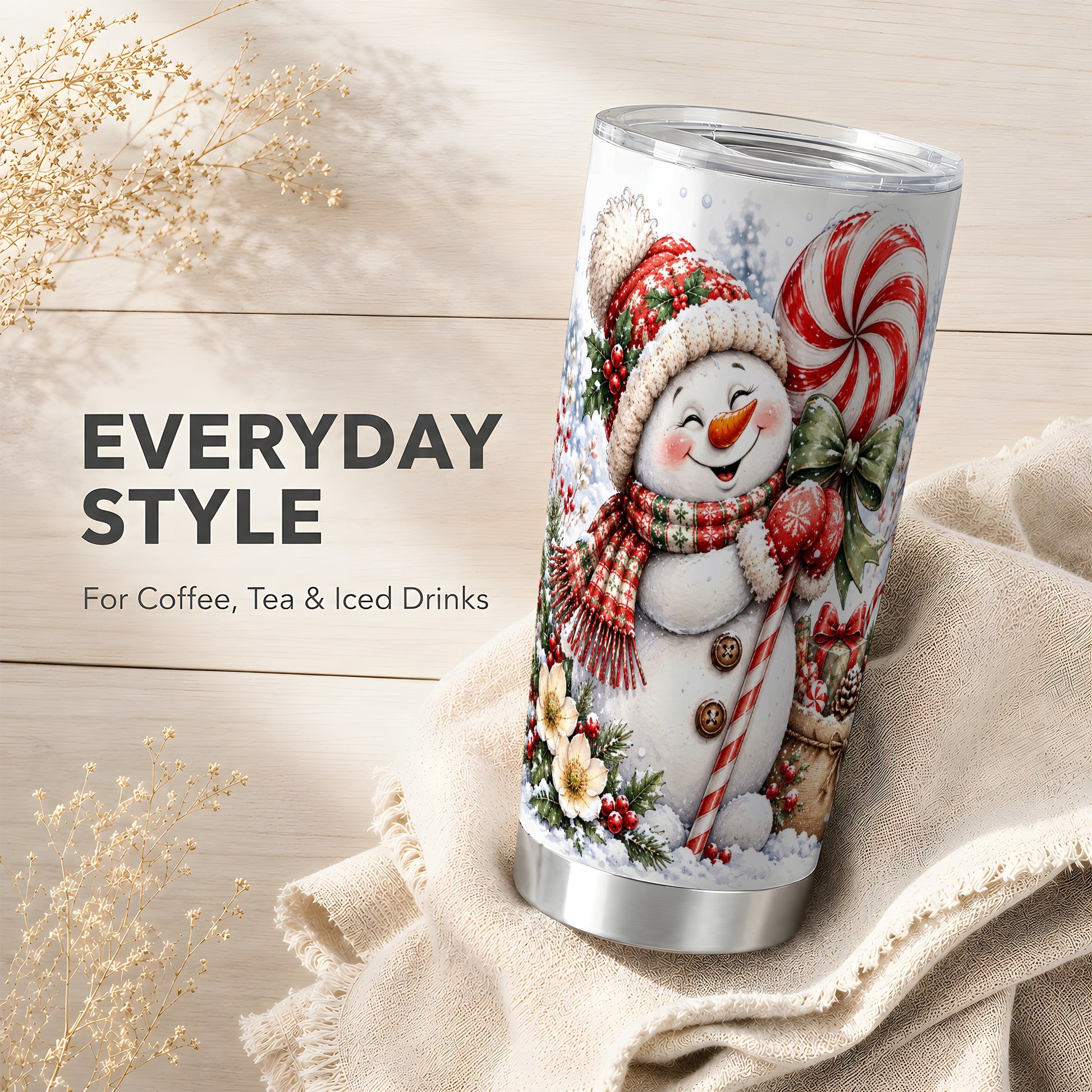 #pl[20oz|Steel] Snowman Tumbler 20oz, Peppermint Candy Tumbler, Stainless Steel Travel Cup