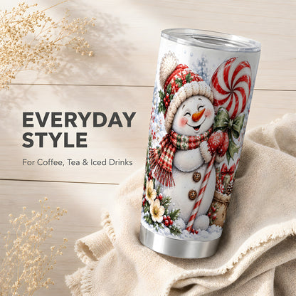 #pl[20oz|Steel] Snowman Tumbler 20oz, Peppermint Candy Tumbler, Stainless Steel Travel Cup