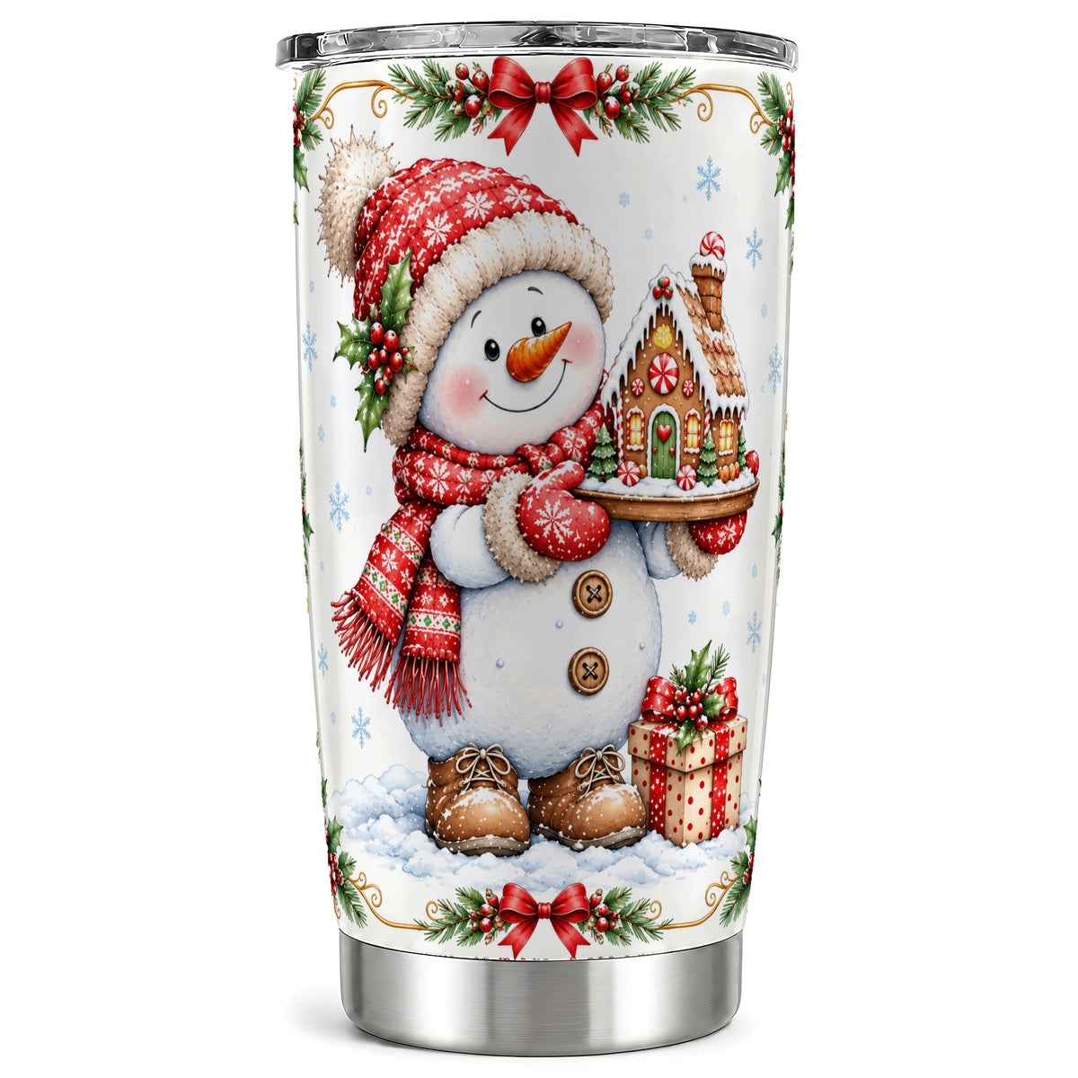 Snowman Tumbler 20oz, Gingerbread Tumbler, Stainless Steel Travel Cup