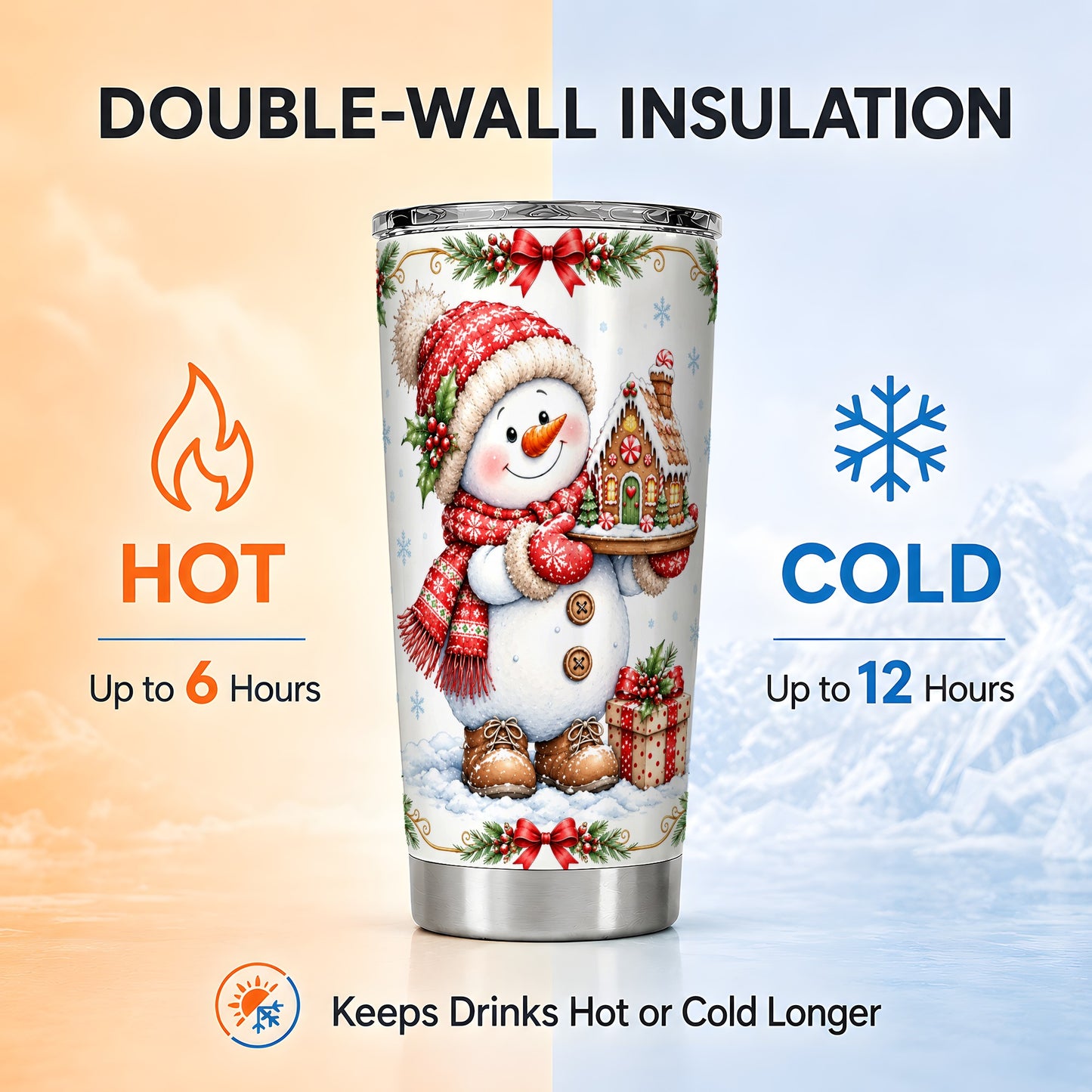 #pl[20oz|Steel] Snowman Tumbler 20oz, Gingerbread Tumbler, Stainless Steel Travel Cup