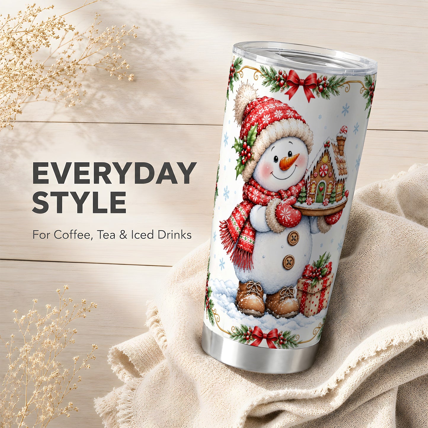 #pl[20oz|Steel] Snowman Tumbler 20oz, Gingerbread Tumbler, Stainless Steel Travel Cup