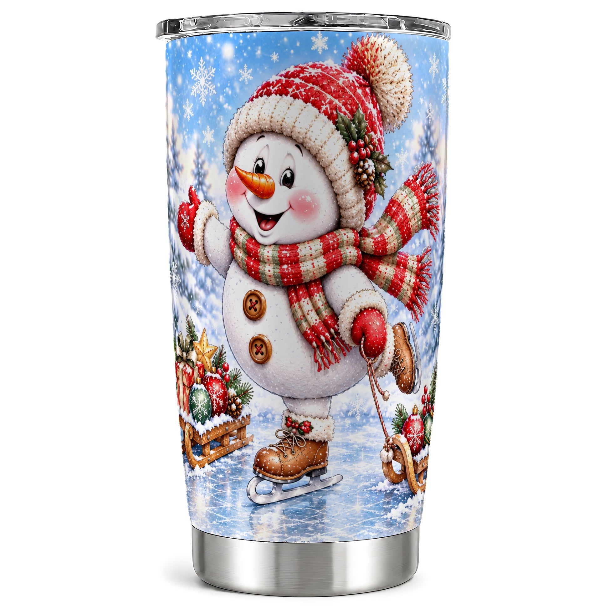 Skating Snowman Tumbler 20oz, Winter Tumbler, Stainless Steel Travel Cup