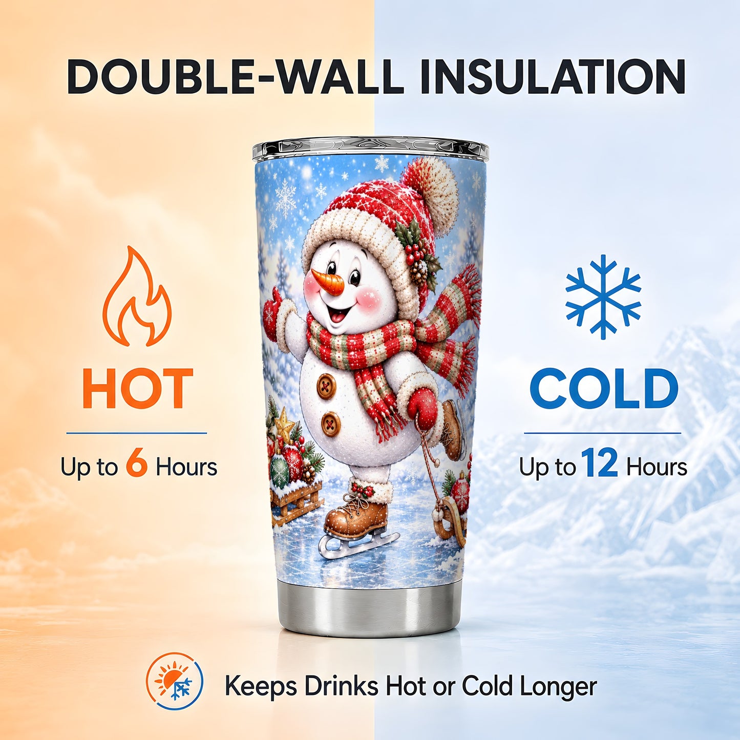 #pl[20oz|Steel] Skating Snowman Tumbler 20oz, Winter Tumbler, Stainless Steel Travel Cup