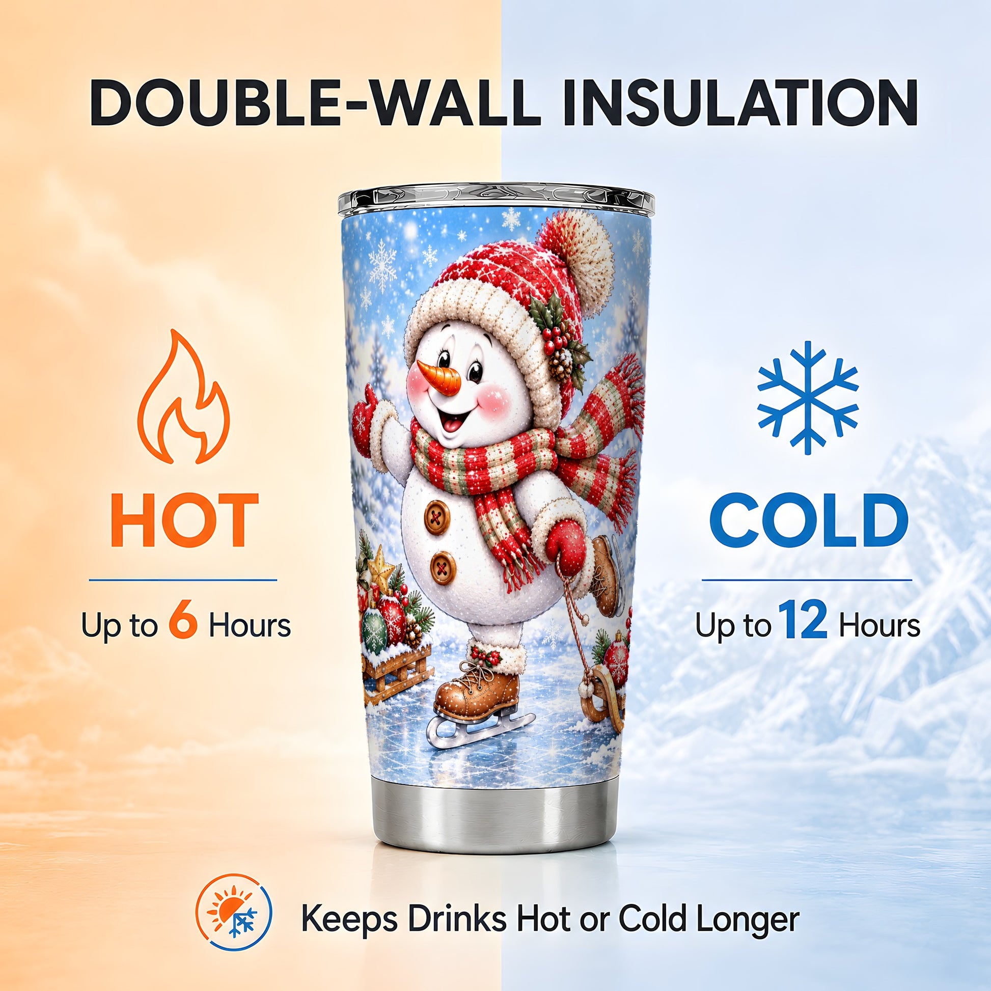 #pl[20oz|Steel] Skating Snowman Tumbler 20oz, Winter Tumbler, Stainless Steel Travel Cup