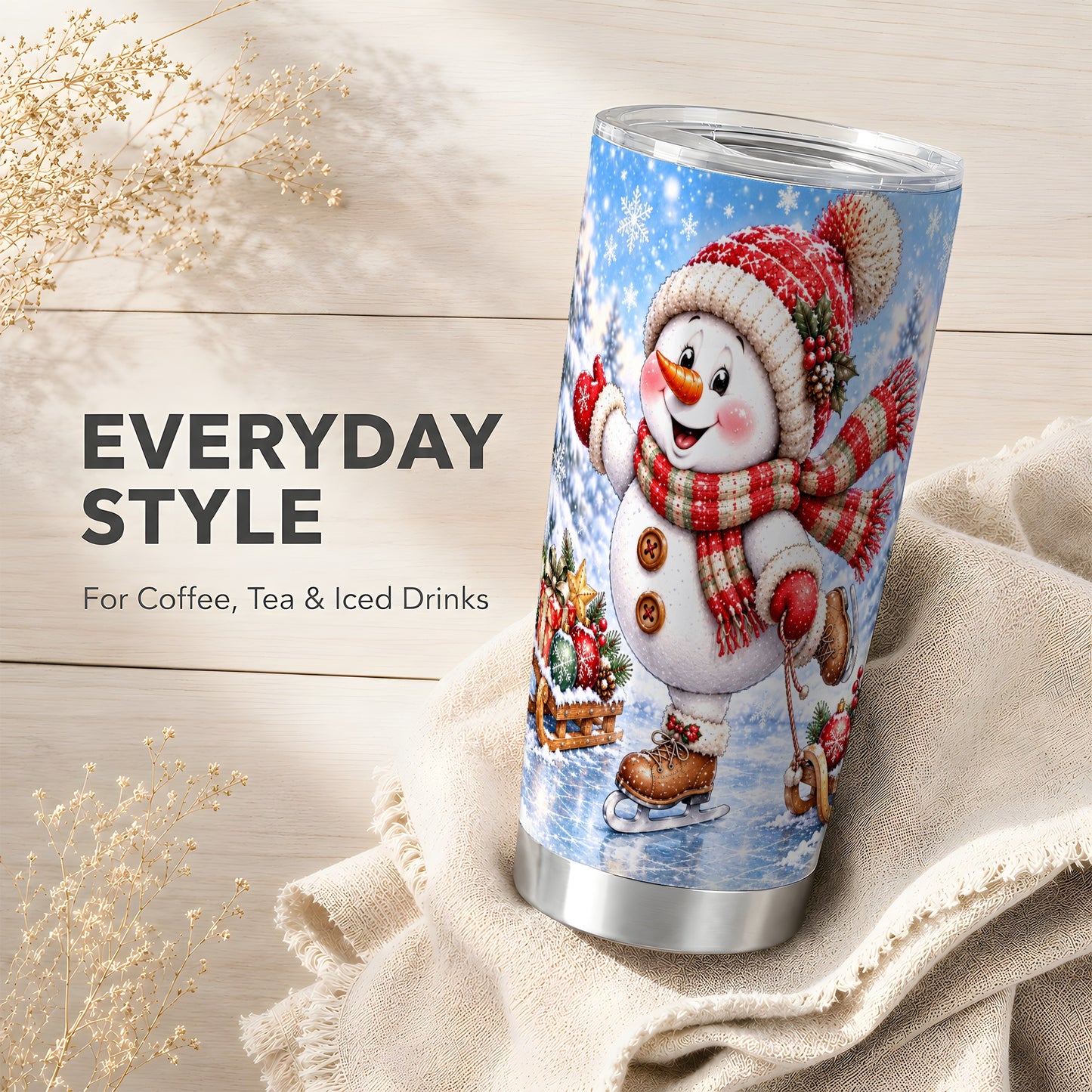 #pl[20oz|Steel] Skating Snowman Tumbler 20oz, Winter Tumbler, Stainless Steel Travel Cup