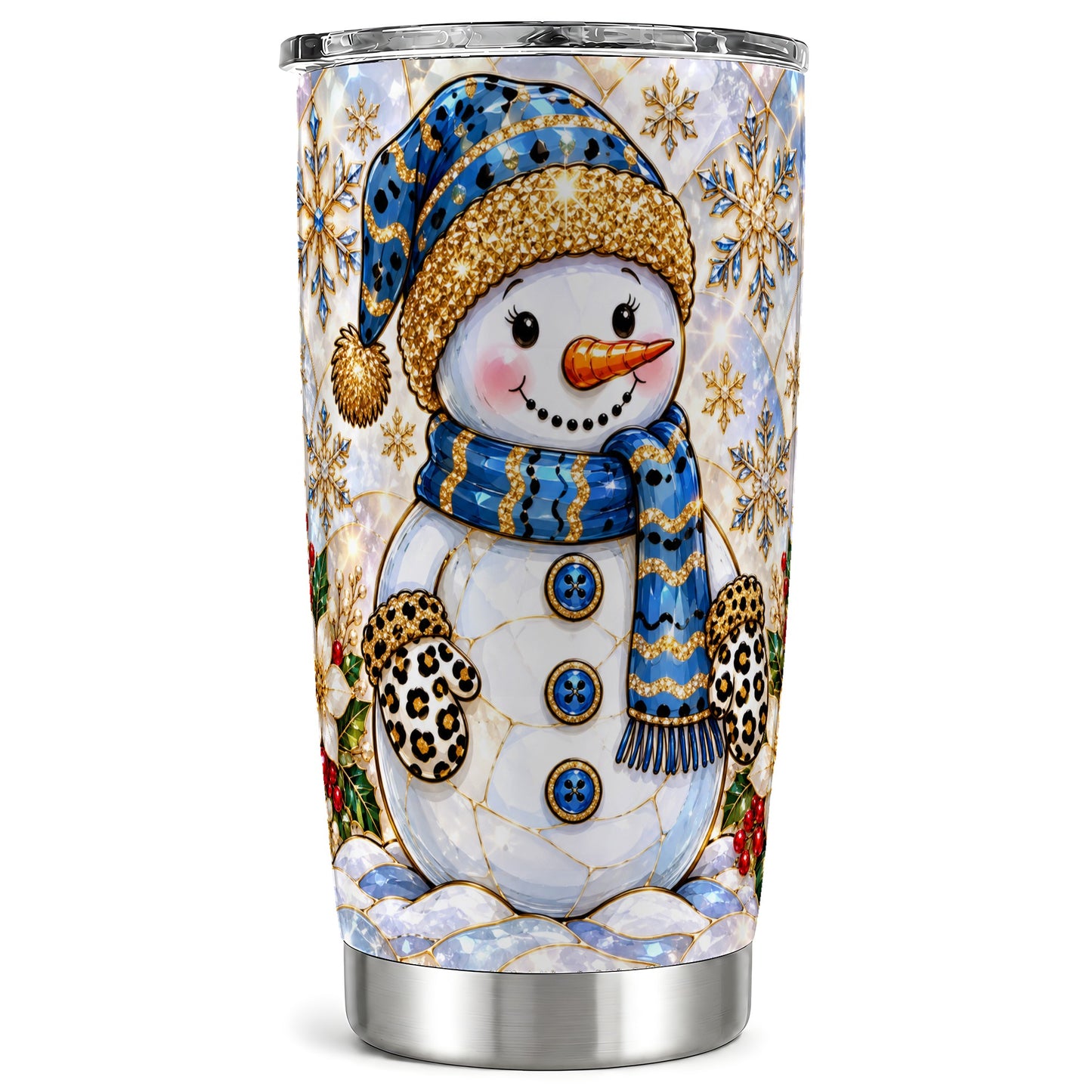 Blue Gold Snowman Tumbler 20oz, Winter Tumbler, Stainless Steel Travel Cup