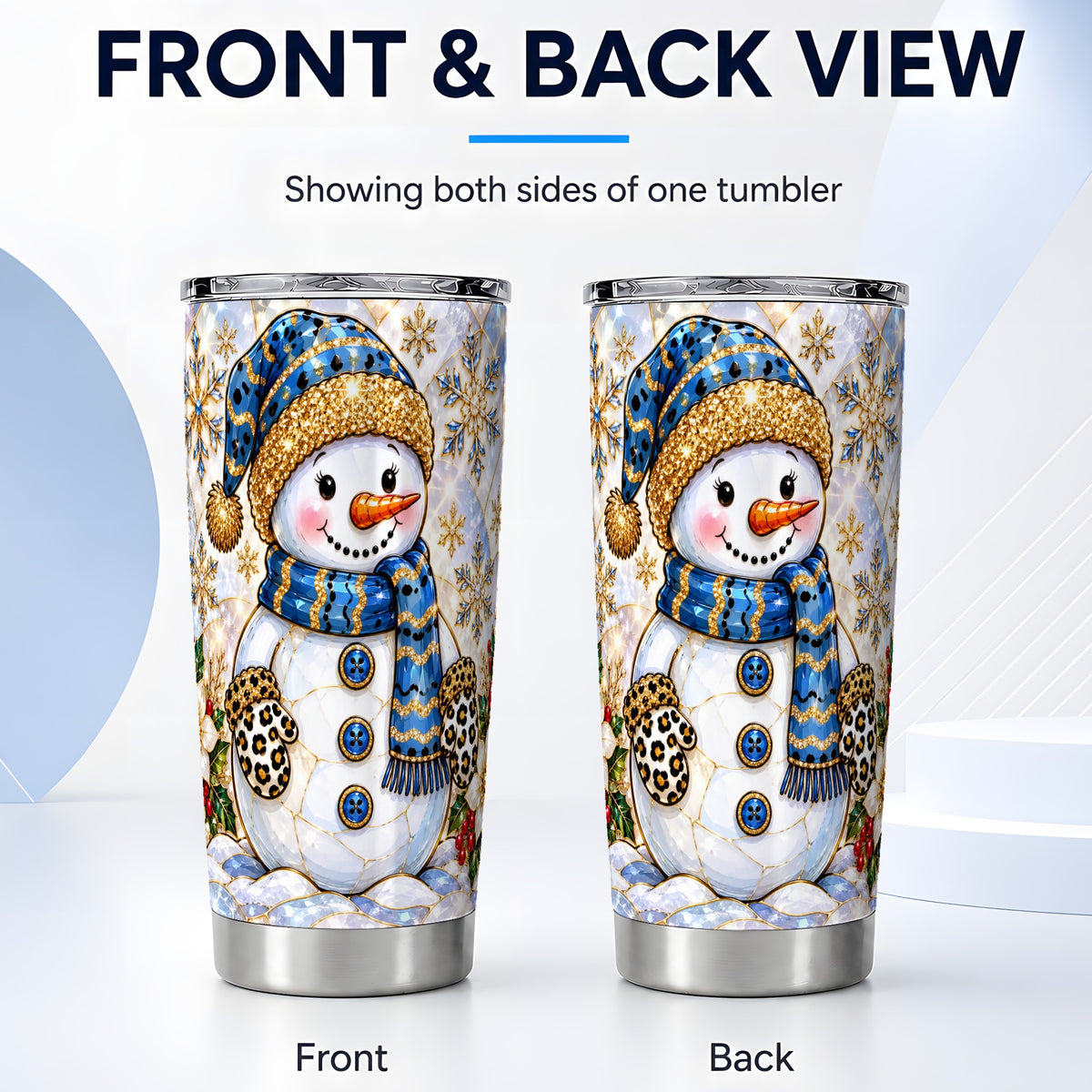 #pl[20oz|Steel] Blue Gold Snowman Tumbler 20oz, Winter Tumbler, Stainless Steel Travel Cup