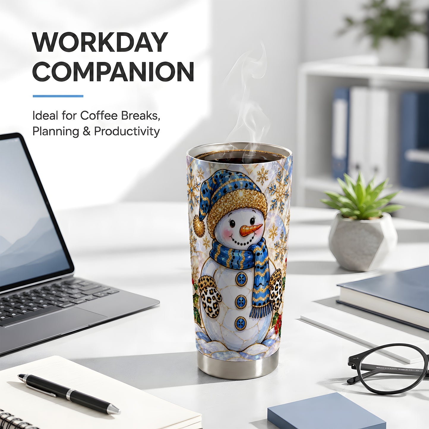 #pl[20oz|Steel] Blue Gold Snowman Tumbler 20oz, Winter Tumbler, Stainless Steel Travel Cup