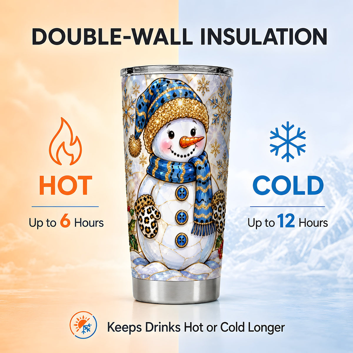 #pl[20oz|Steel] Blue Gold Snowman Tumbler 20oz, Winter Tumbler, Stainless Steel Travel Cup