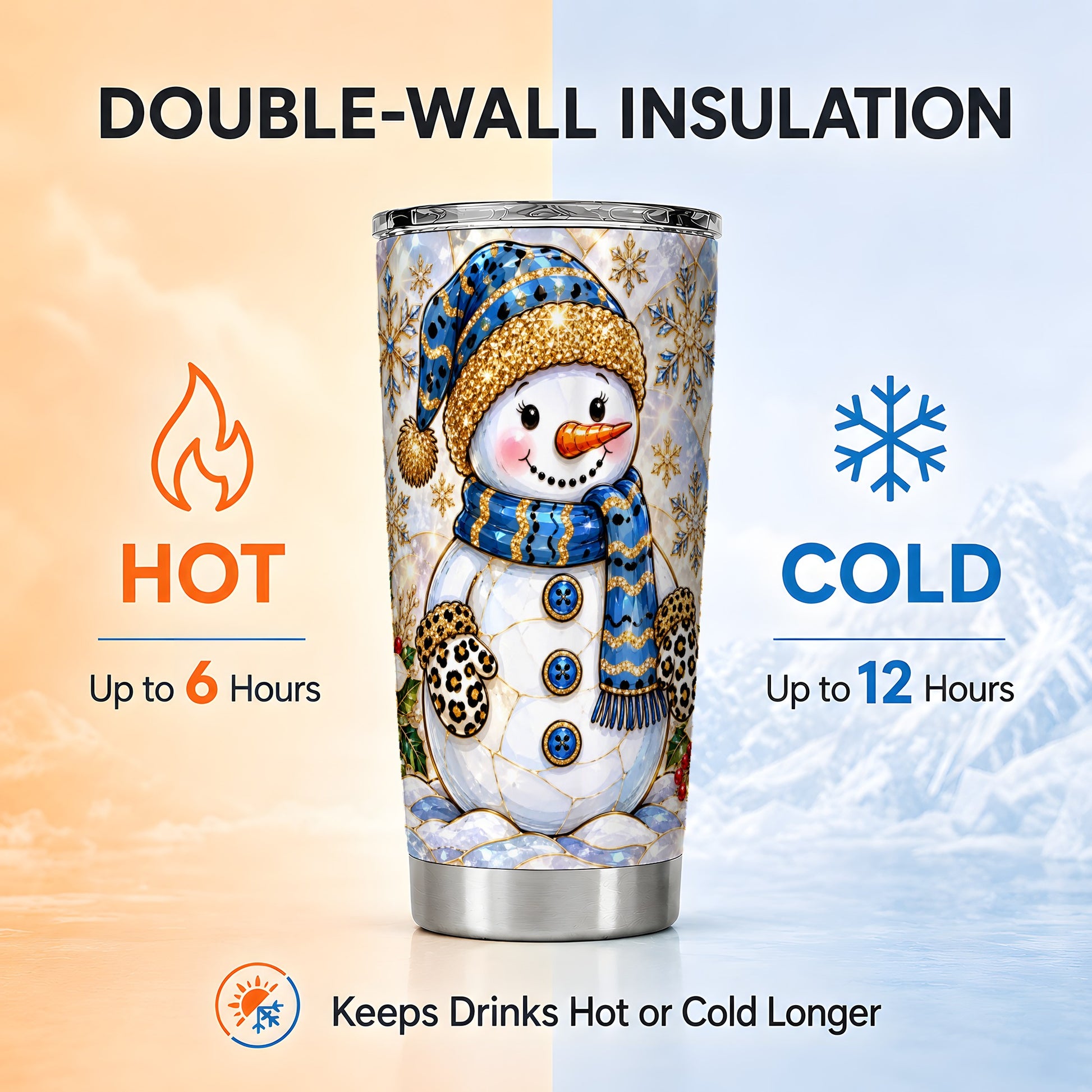 #pl[20oz|Steel] Blue Gold Snowman Tumbler 20oz, Winter Tumbler, Stainless Steel Travel Cup