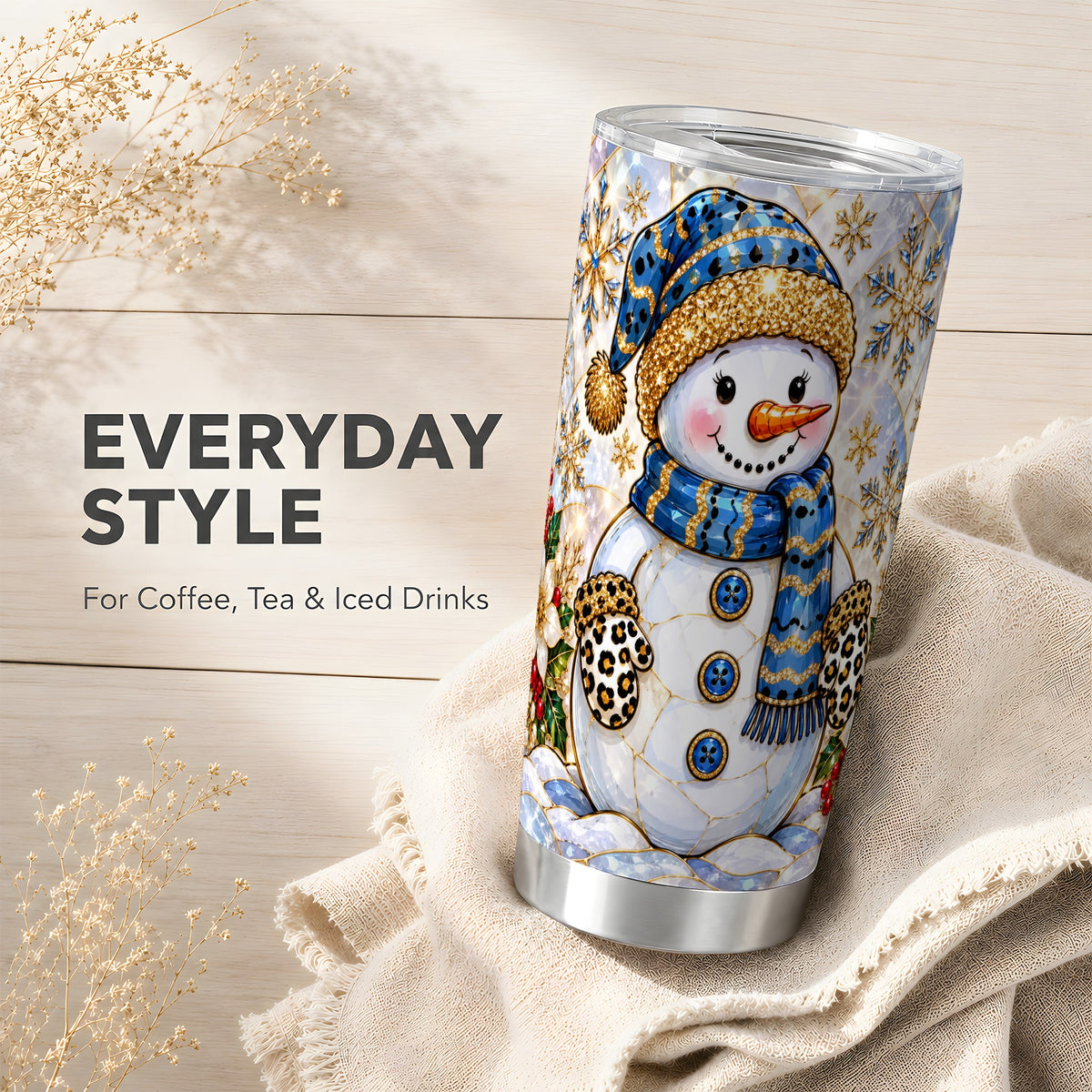 #pl[20oz|Steel] Blue Gold Snowman Tumbler 20oz, Winter Tumbler, Stainless Steel Travel Cup