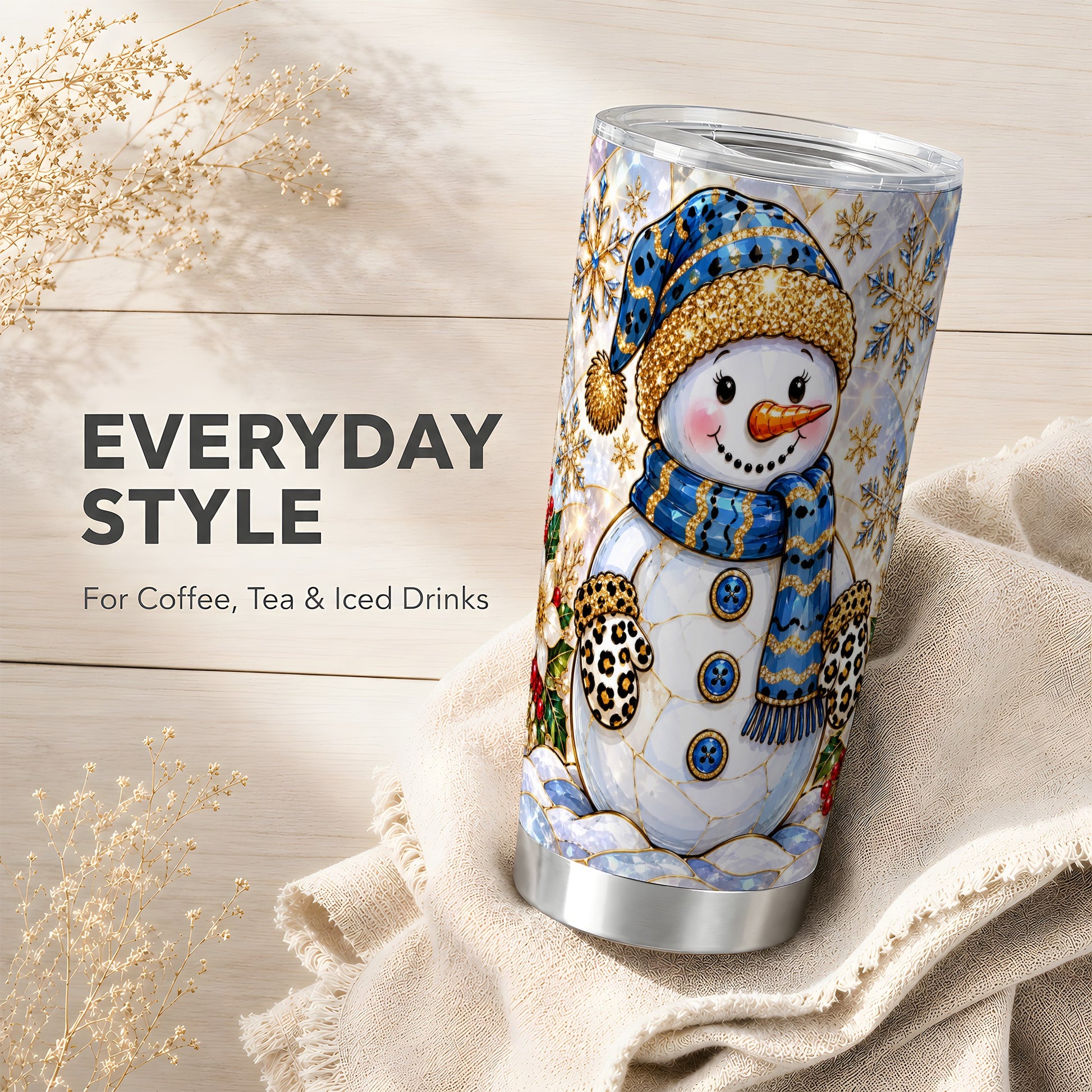 #pl[20oz|Steel] Blue Gold Snowman Tumbler 20oz, Winter Tumbler, Stainless Steel Travel Cup