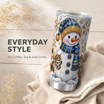 #pl[20oz|Steel] Blue Gold Snowman Tumbler 20oz, Winter Tumbler, Stainless Steel Travel Cup