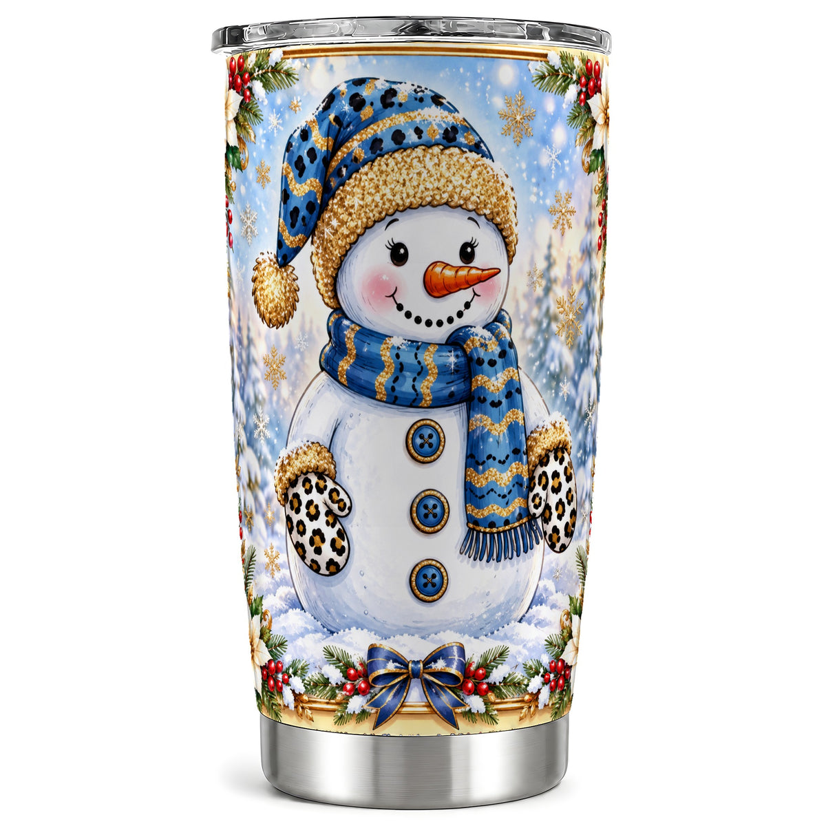 Leopard Snowman Tumbler 20oz, Winter Tumbler, Stainless Steel Travel Cup