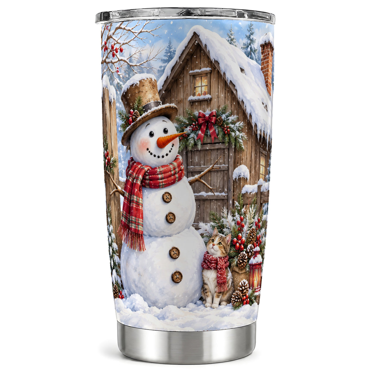 Snowman Cat Tumbler 20oz, Winter Tumbler, Stainless Steel Travel Cup