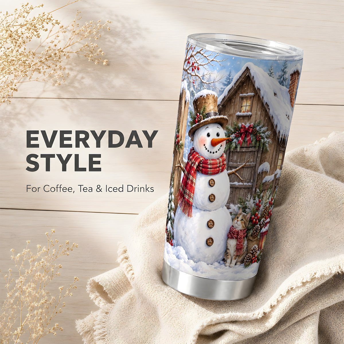 #pl[20oz|Steel] Snowman Cat Tumbler 20oz, Winter Tumbler, Stainless Steel Travel Cup