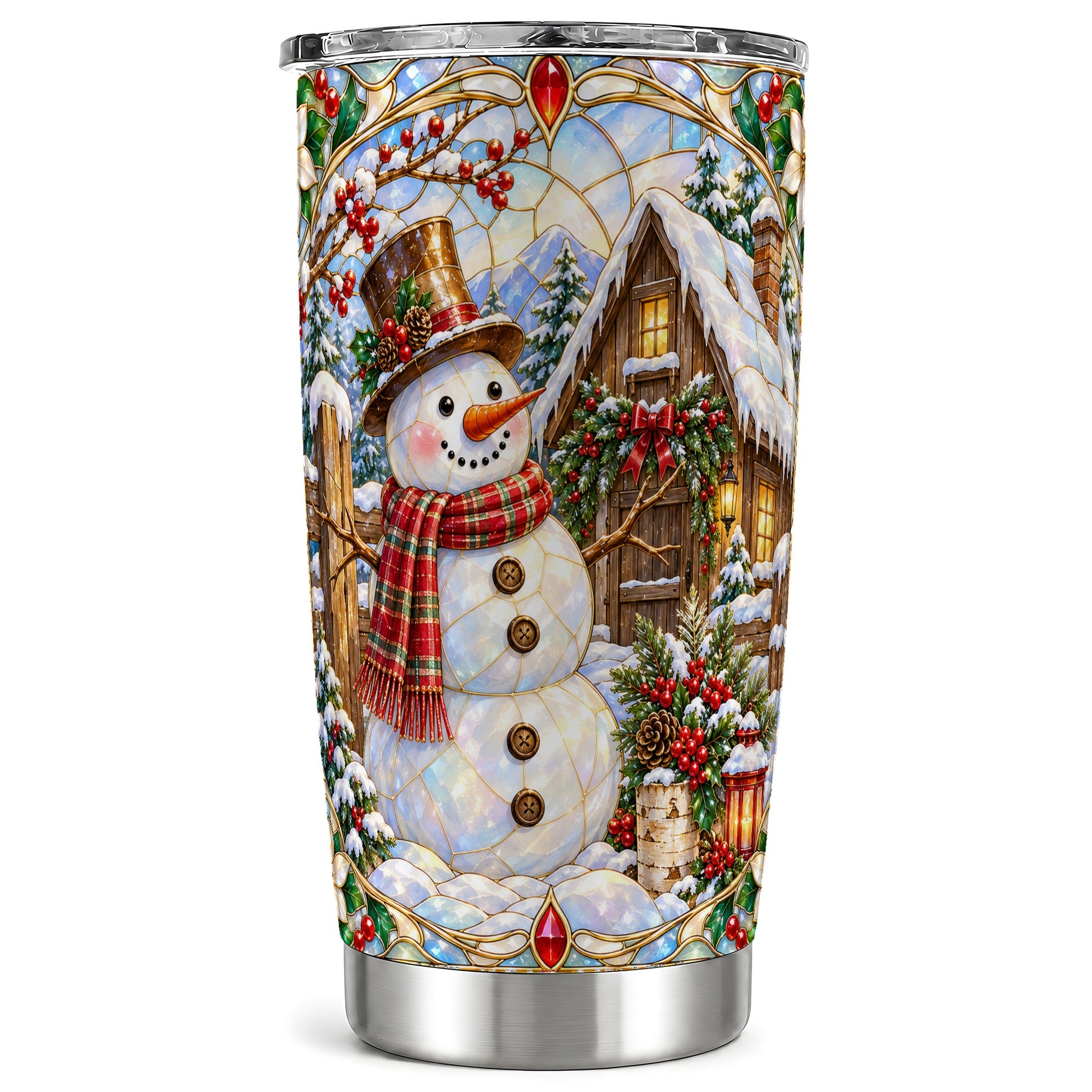 Snowman Cabin Tumbler 20oz, Winter Tumbler, Stainless Steel Travel Cup