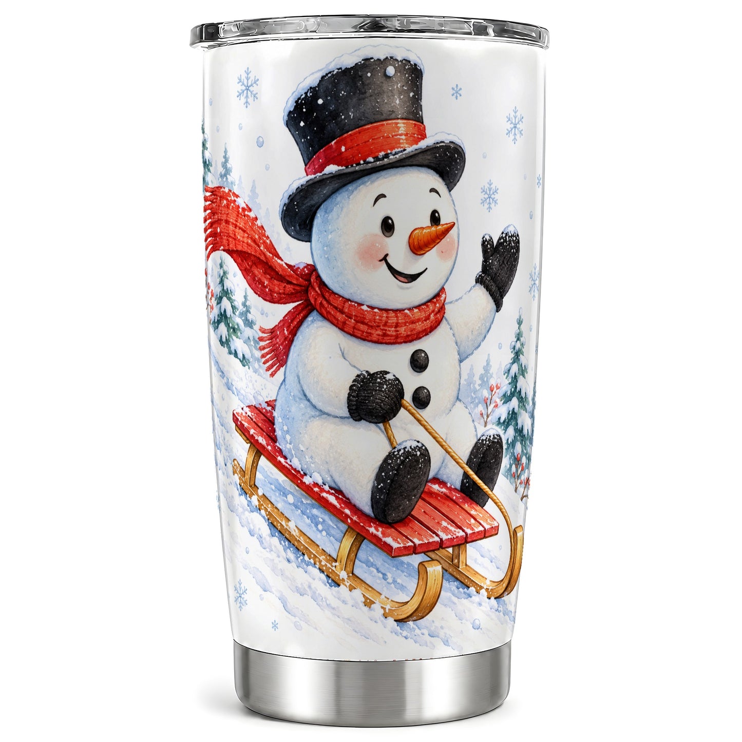 Sledding Snowman Tumbler 20oz, Winter Tumbler, Stainless Steel Travel Cup