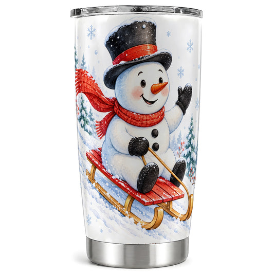 Sledding Snowman Tumbler 20oz, Winter Tumbler, Stainless Steel Travel Cup