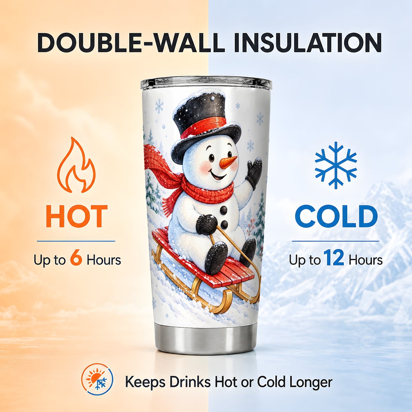 #pl[20oz|Steel] Sledding Snowman Tumbler 20oz, Winter Tumbler, Stainless Steel Travel Cup