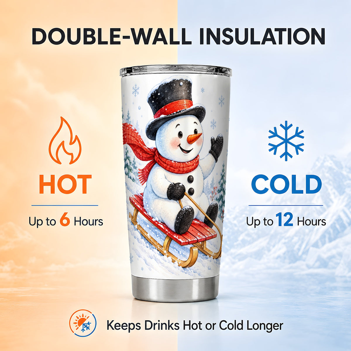 #pl[20oz|Steel] Sledding Snowman Tumbler 20oz, Winter Tumbler, Stainless Steel Travel Cup