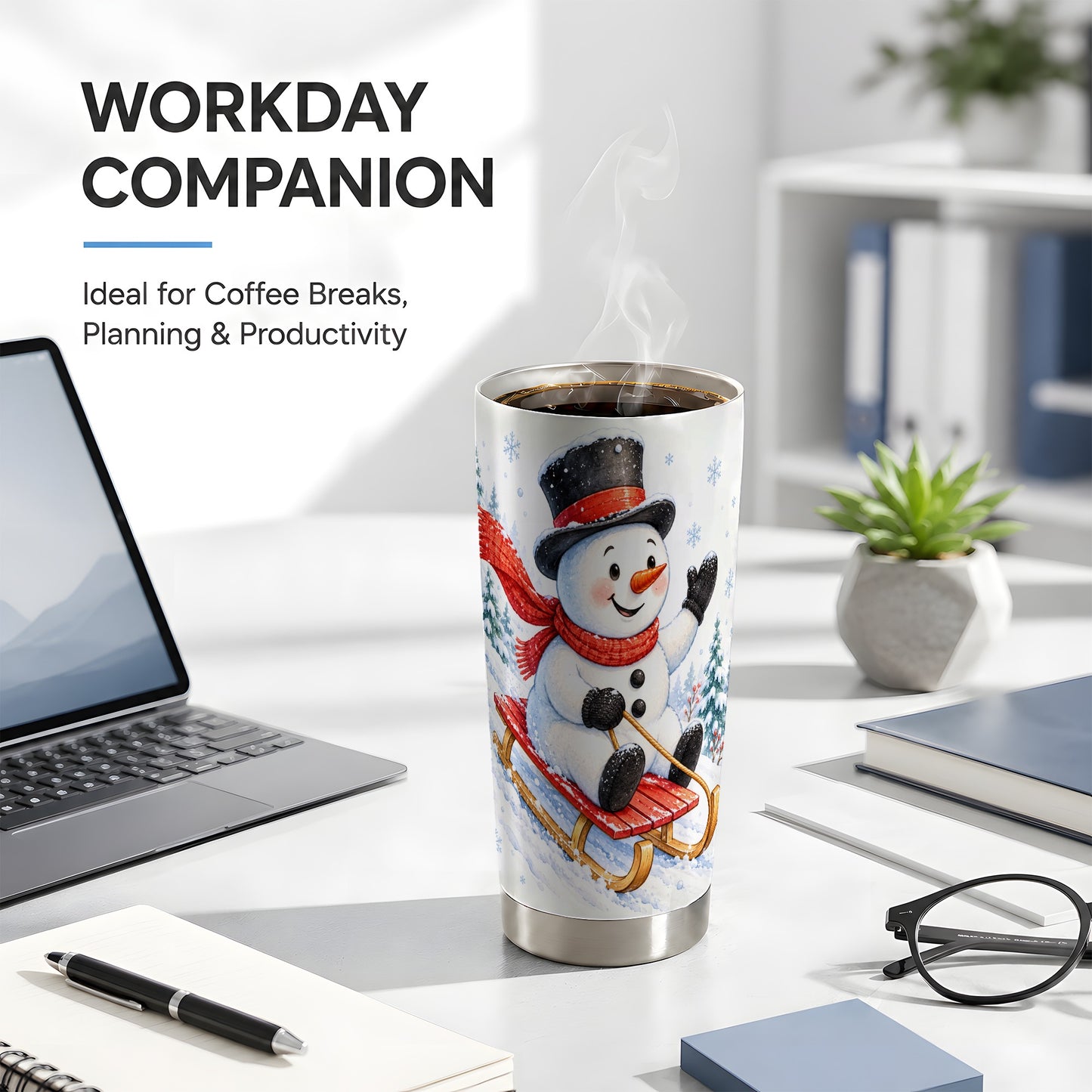 #pl[20oz|Steel] Sledding Snowman Tumbler 20oz, Winter Tumbler, Stainless Steel Travel Cup