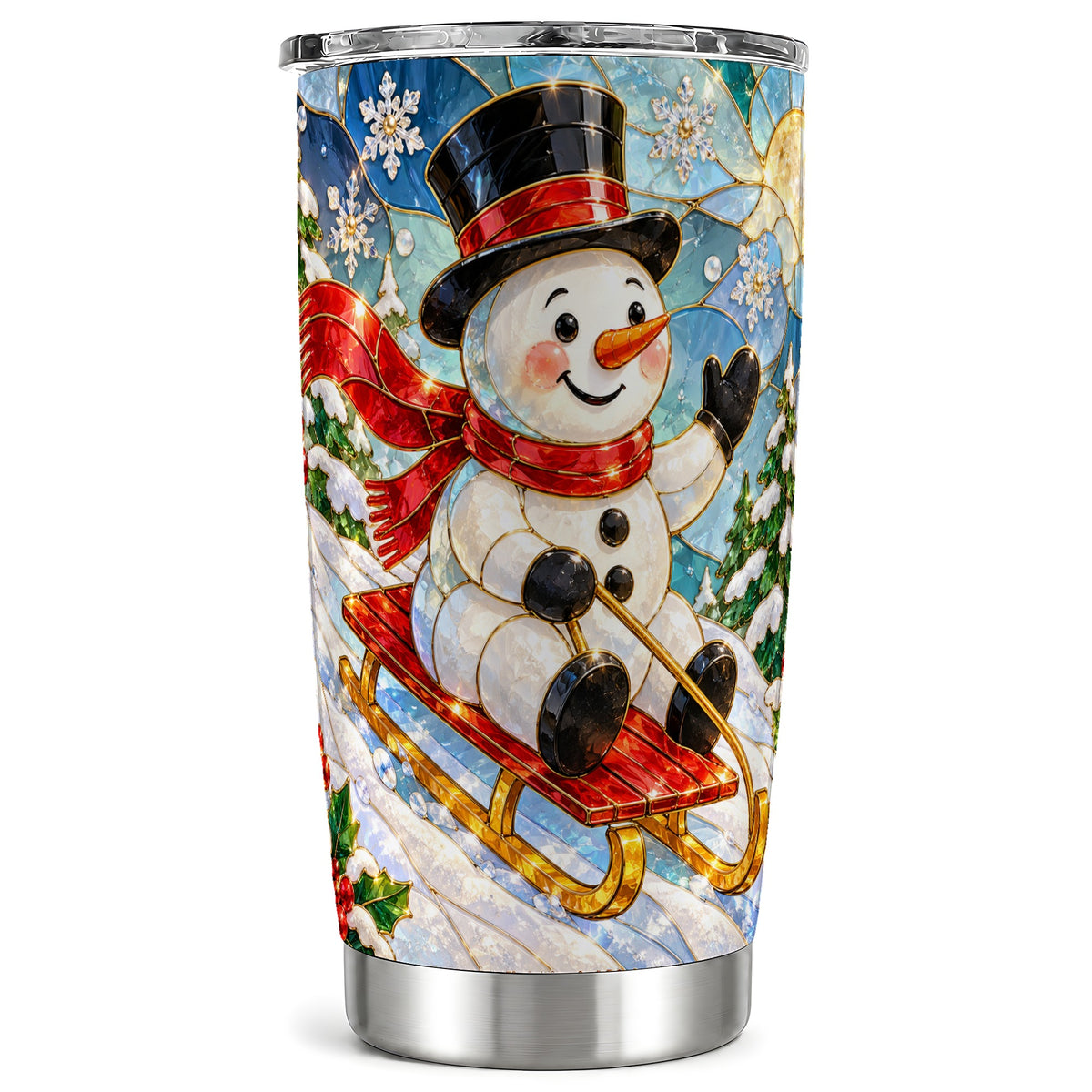 Snowman Tumbler 20oz, Winter Sledding Tumbler, Stainless Steel Travel Cup