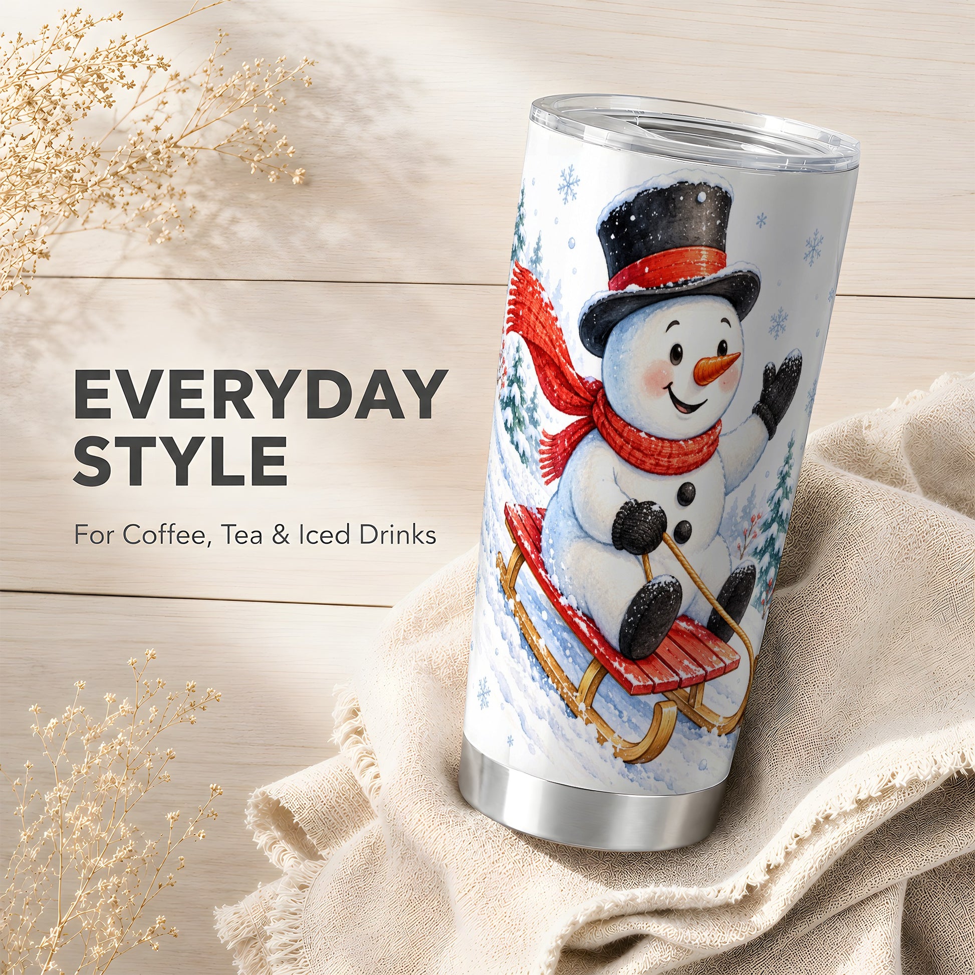 #pl[20oz|Steel] Sledding Snowman Tumbler 20oz, Winter Tumbler, Stainless Steel Travel Cup
