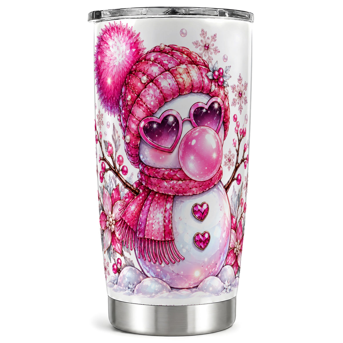 Pink Snowman Tumbler 20oz, Heart Glasses Tumbler, Stainless Steel Travel Cup
