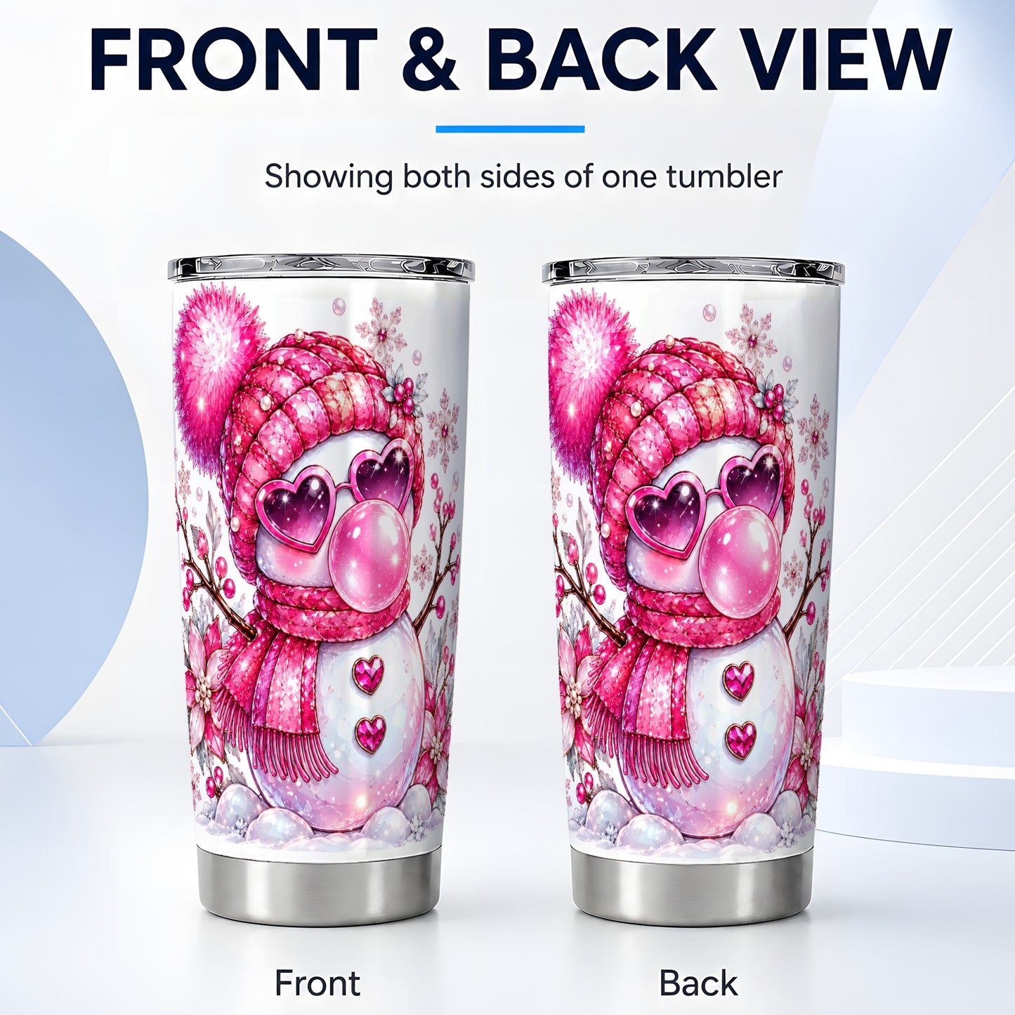 #pl[20oz|Steel] Pink Snowman Tumbler 20oz, Heart Glasses Tumbler, Stainless Steel Travel Cup