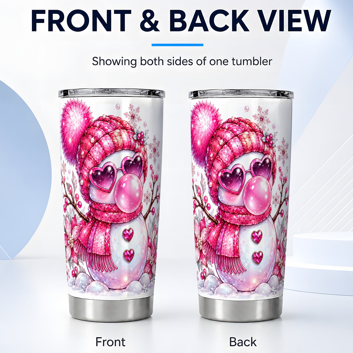 #pl[20oz|Steel] Pink Snowman Tumbler 20oz, Heart Glasses Tumbler, Stainless Steel Travel Cup