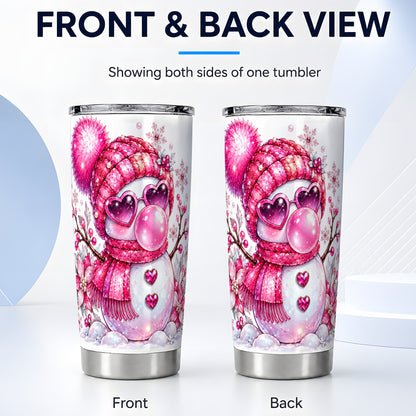 #pl[20oz|Steel] Pink Snowman Tumbler 20oz, Heart Glasses Tumbler, Stainless Steel Travel Cup