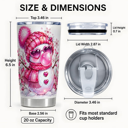#pl[20oz|Steel] Pink Snowman Tumbler 20oz, Heart Glasses Tumbler, Stainless Steel Travel Cup