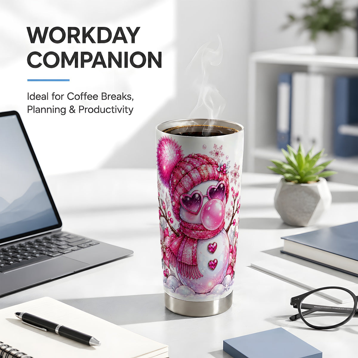 #pl[20oz|Steel] Pink Snowman Tumbler 20oz, Heart Glasses Tumbler, Stainless Steel Travel Cup