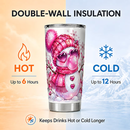 #pl[20oz|Steel] Pink Snowman Tumbler 20oz, Heart Glasses Tumbler, Stainless Steel Travel Cup