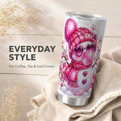 #pl[20oz|Steel] Pink Snowman Tumbler 20oz, Heart Glasses Tumbler, Stainless Steel Travel Cup