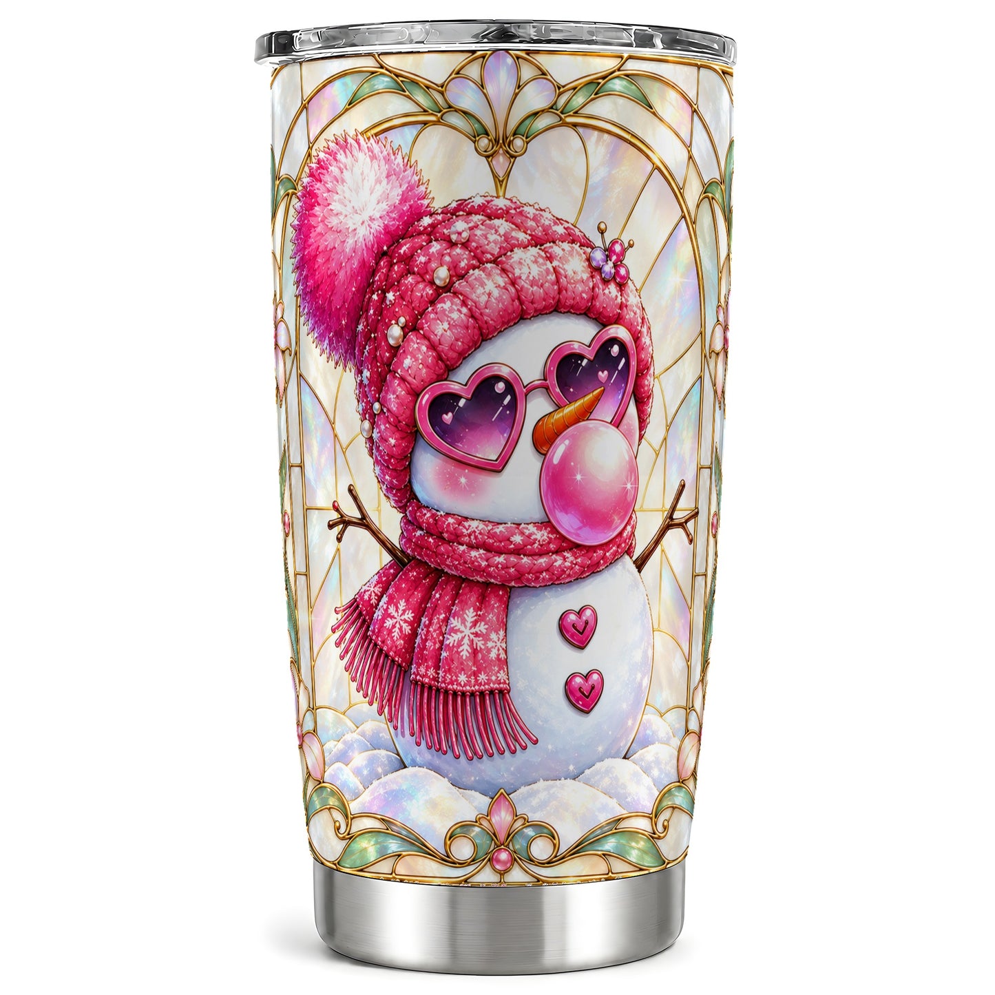 Pink Snowman Tumbler 20oz, Winter Tumbler, Stainless Steel Travel Cup