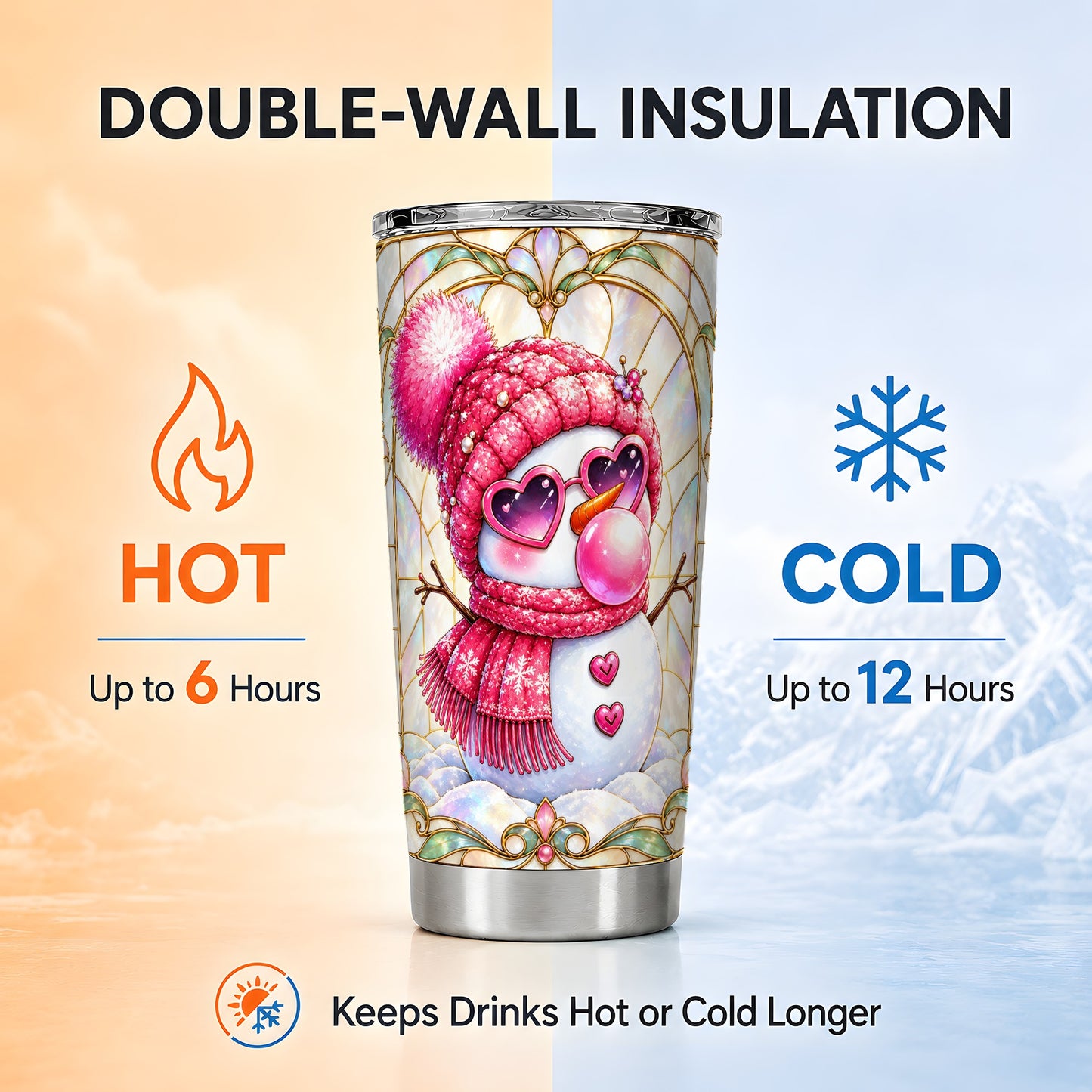 #pl[20oz|Steel] Pink Snowman Tumbler 20oz, Winter Tumbler, Stainless Steel Travel Cup