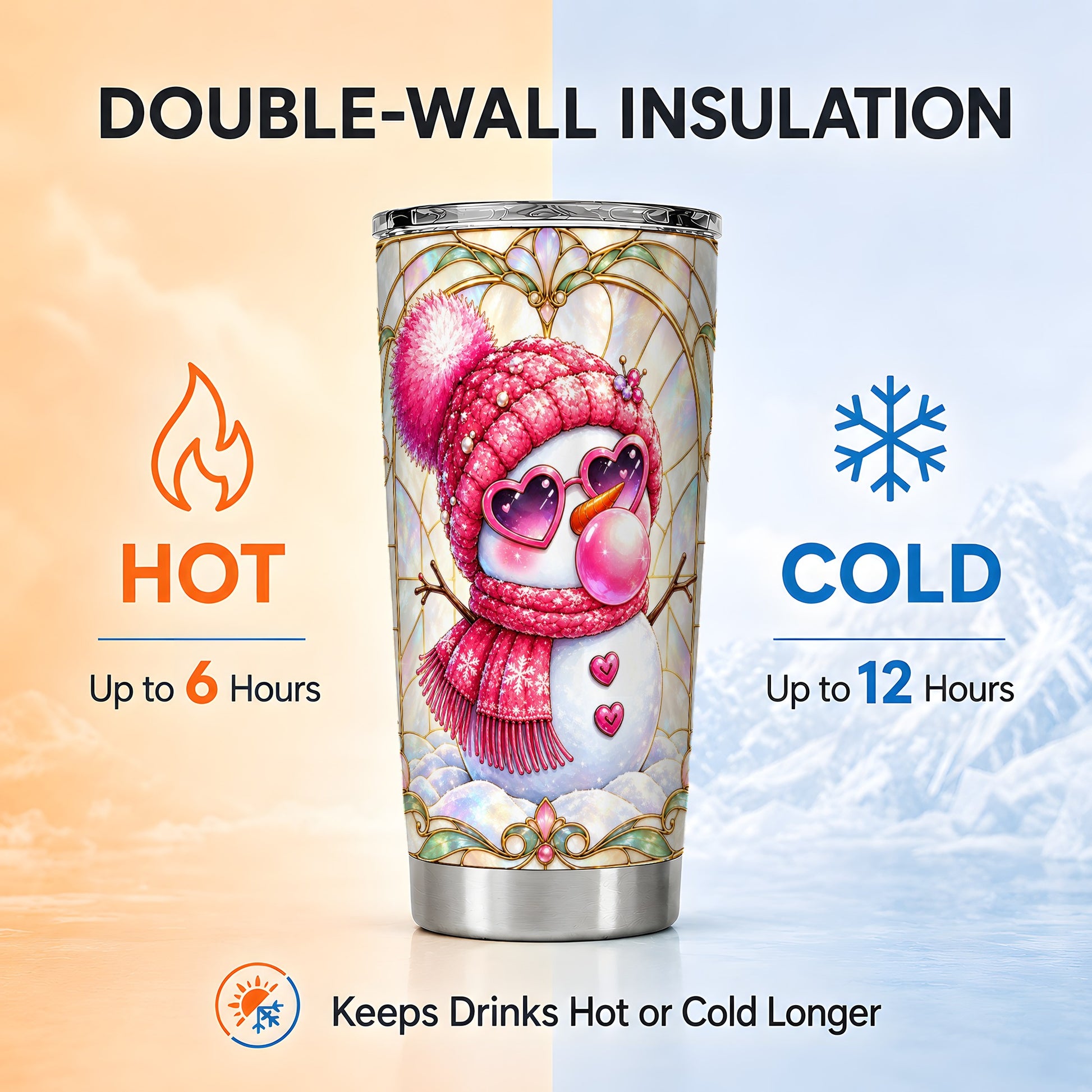#pl[20oz|Steel] Pink Snowman Tumbler 20oz, Winter Tumbler, Stainless Steel Travel Cup