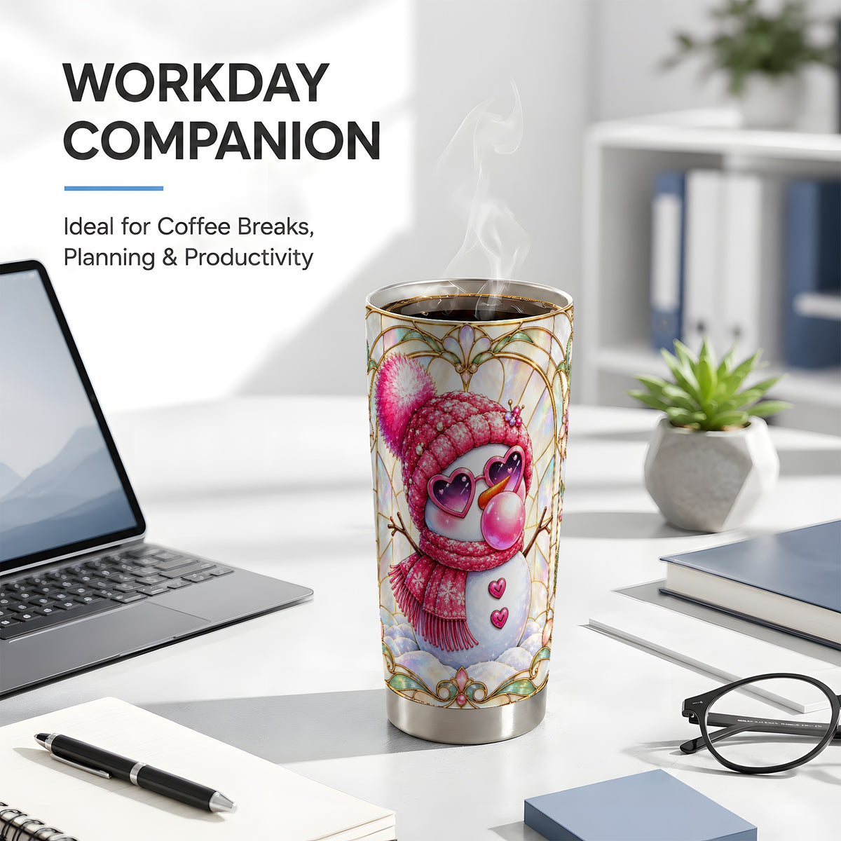 #pl[20oz|Steel] Pink Snowman Tumbler 20oz, Winter Tumbler, Stainless Steel Travel Cup