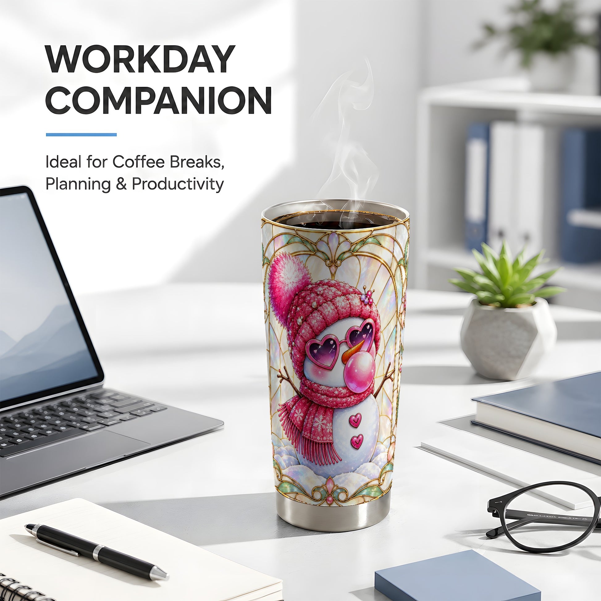 #pl[20oz|Steel] Pink Snowman Tumbler 20oz, Winter Tumbler, Stainless Steel Travel Cup