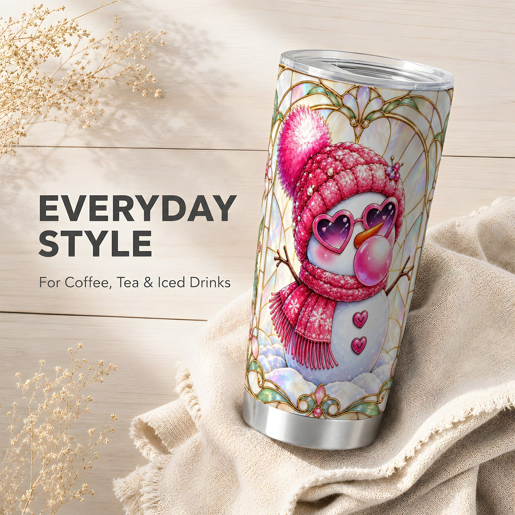 #pl[20oz|Steel] Pink Snowman Tumbler 20oz, Winter Tumbler, Stainless Steel Travel Cup