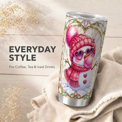 #pl[20oz|Steel] Pink Snowman Tumbler 20oz, Winter Tumbler, Stainless Steel Travel Cup