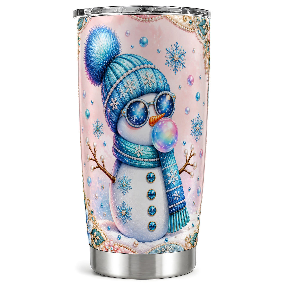 Blue Snowman Tumbler 20oz, Pearl Winter Tumbler, Stainless Steel Travel Cup