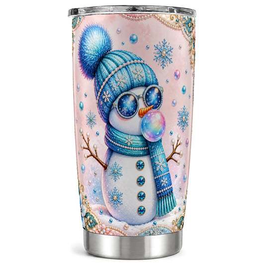 Blue Snowman Tumbler 20oz, Pearl Winter Tumbler, Stainless Steel Travel Cup
