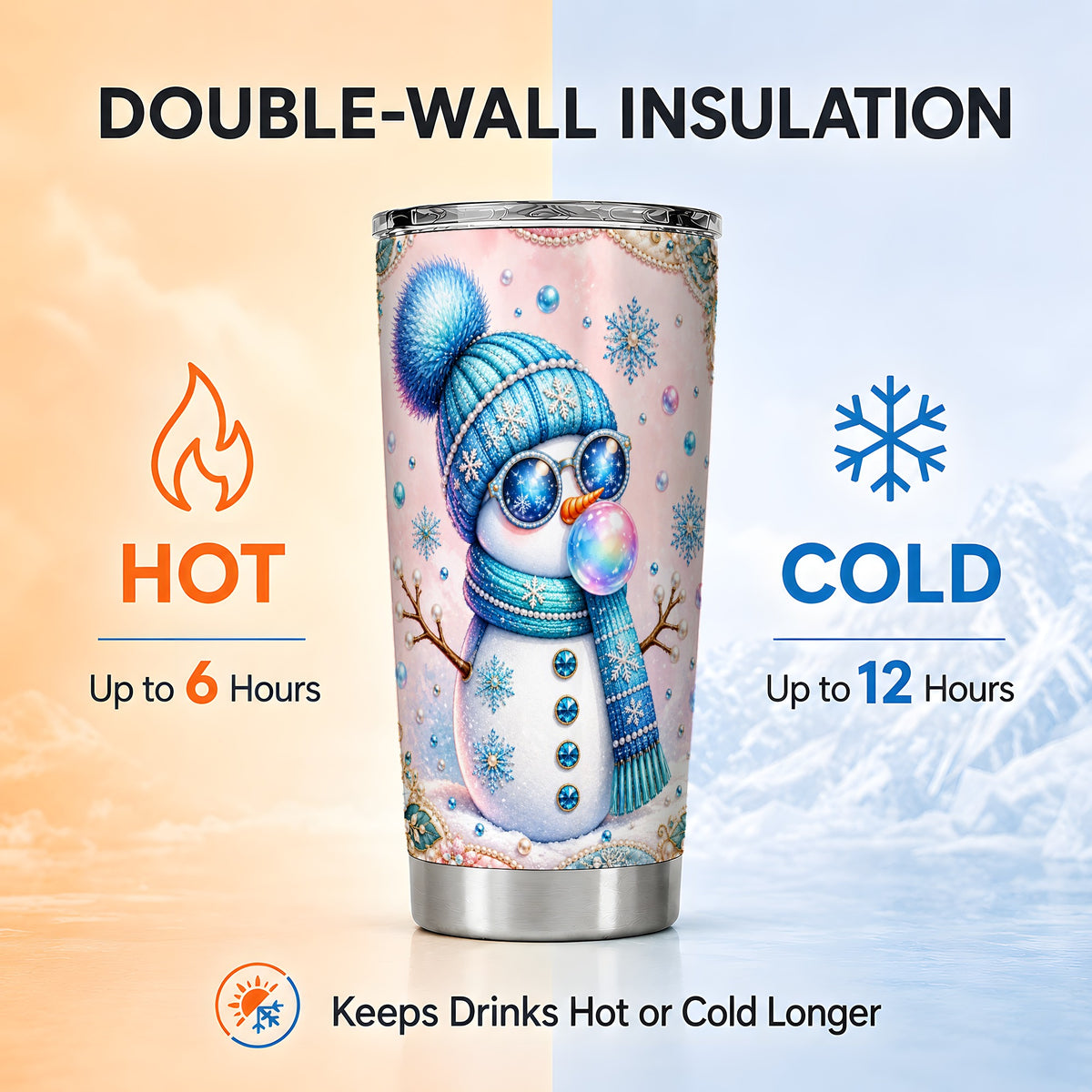 #pl[20oz|Steel] Blue Snowman Tumbler 20oz, Pearl Winter Tumbler, Stainless Steel Travel Cup