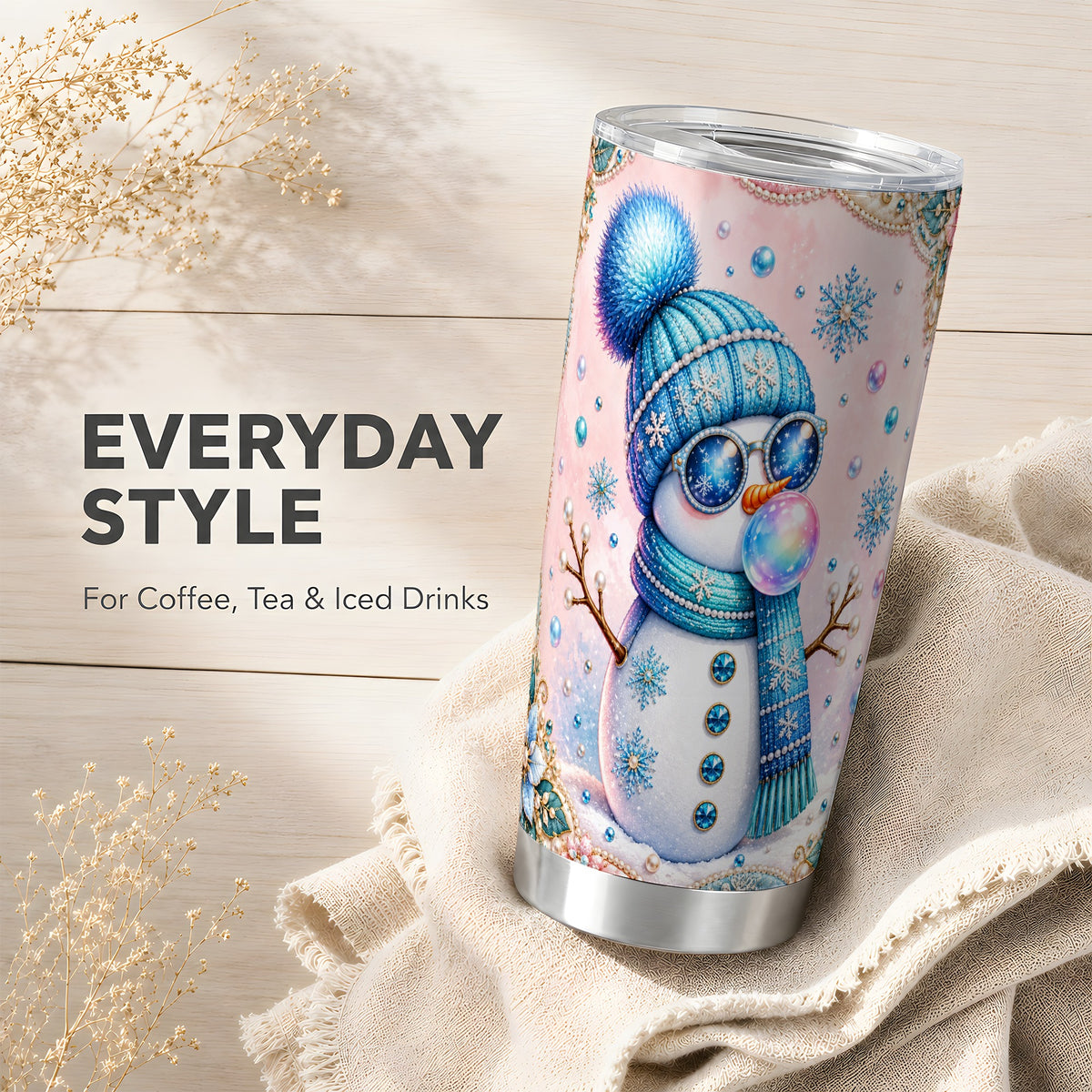 #pl[20oz|Steel] Blue Snowman Tumbler 20oz, Pearl Winter Tumbler, Stainless Steel Travel Cup