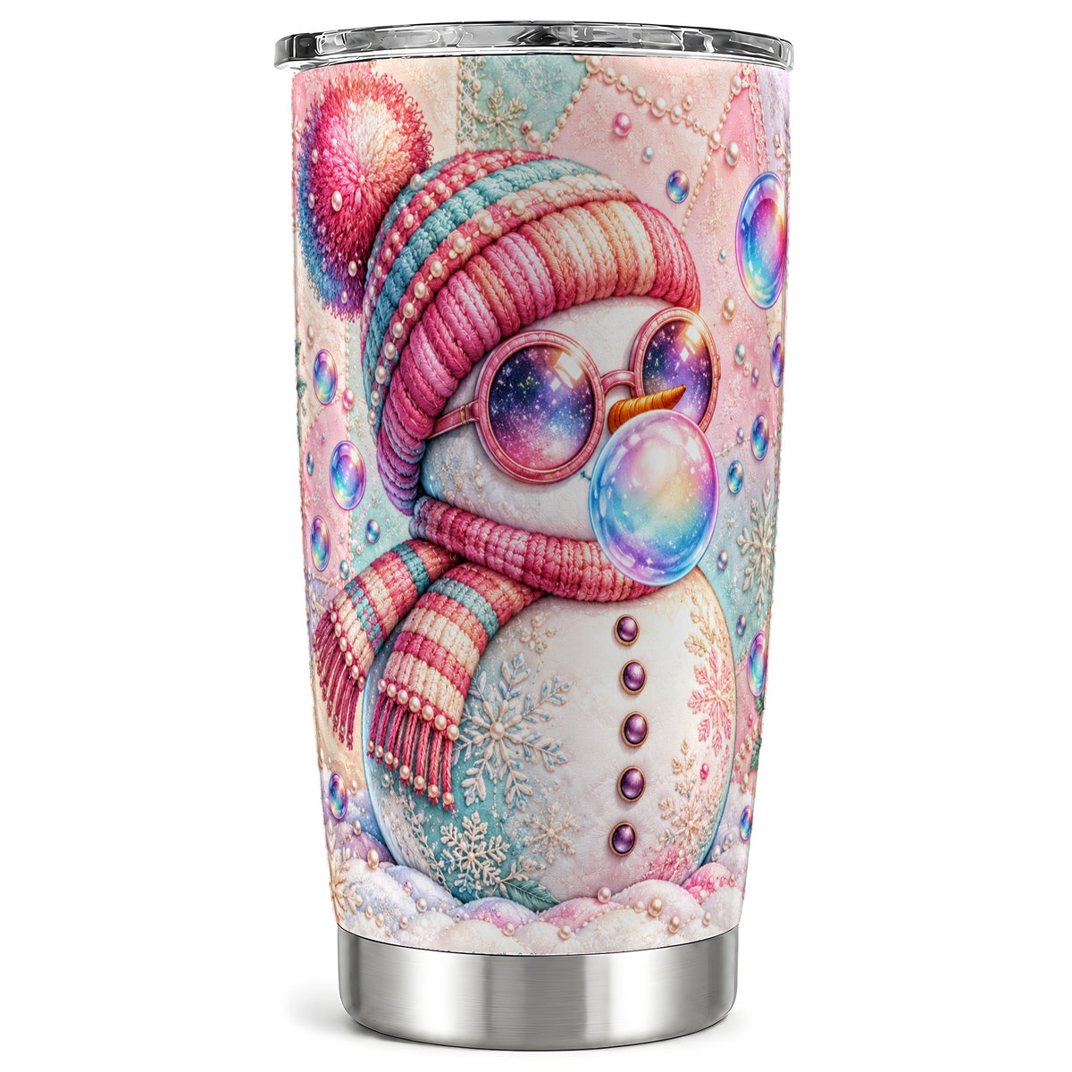 Pink Snowman Tumbler 20oz, Cozy Winter Tumbler, Stainless Steel Travel Cup