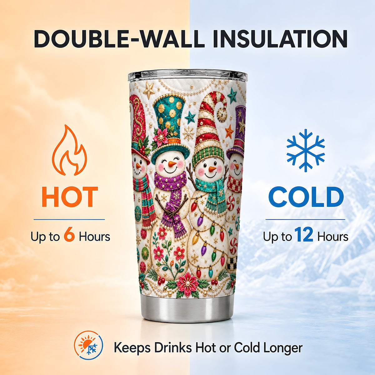 #pl[20oz|Steel] Quilted Snowman Tumbler 20oz, Christmas Tumbler, Stainless Steel Travel Cup