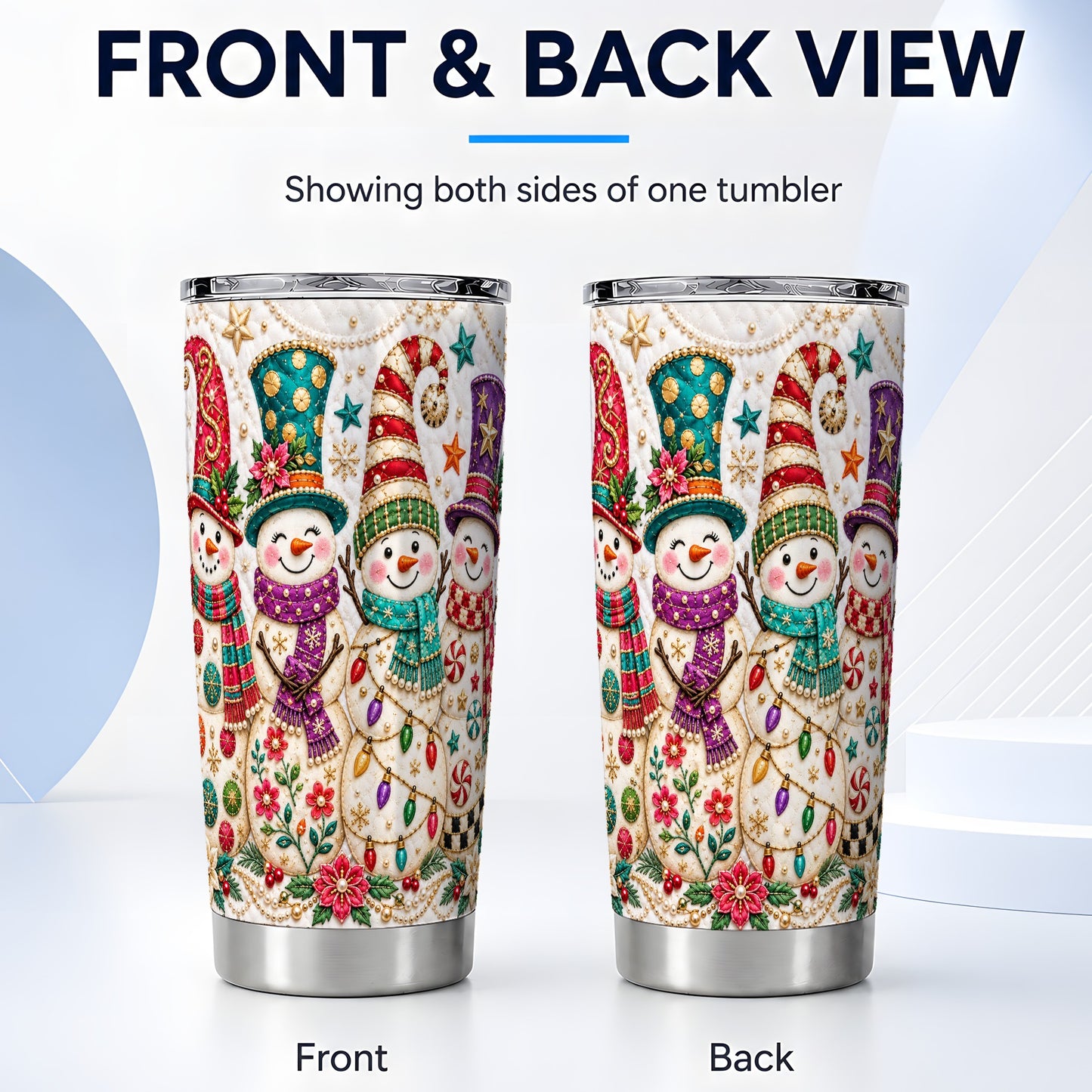 #pl[20oz|Steel] Quilted Snowman Tumbler 20oz, Christmas Tumbler, Stainless Steel Travel Cup